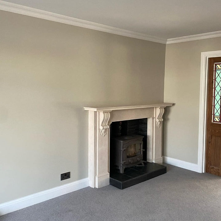 Little Greene Slaked Lime Deep 150. Beige living room paint colour.