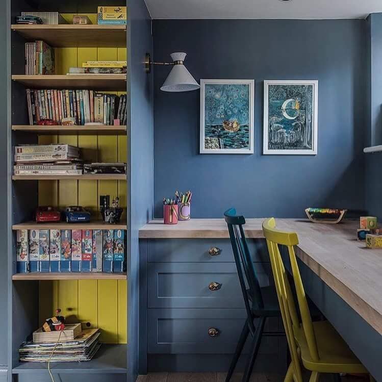 'Blue Blood' & 'Gamboge' complement each other beautifully on this shelving scheme. Buy Blue Blood Paint and Paper Library paint online. 