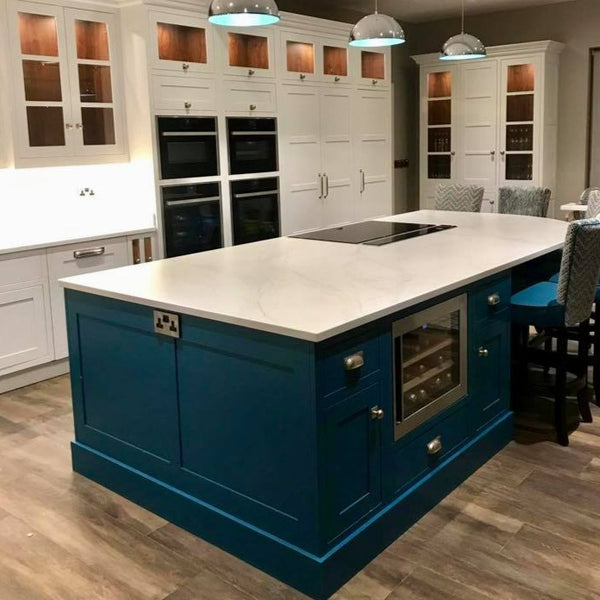 Little Greene Marine Blue No. 95 is a dark navy blue paint colour. Navy kitchen island paint colour.Buy Little Greene Marine Blue paint online.
