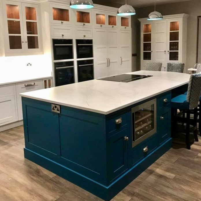 Little Greene Marine Blue No. 95 is a dark navy blue paint colour. Navy kitchen island paint colour.Buy Little Greene Marine Blue paint online.