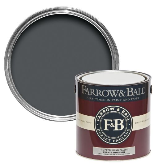 Hopper Head No. 305 from Farrow & Ball is deep grey paint colour.  2.5L Hopper Head Estate Emulsion.