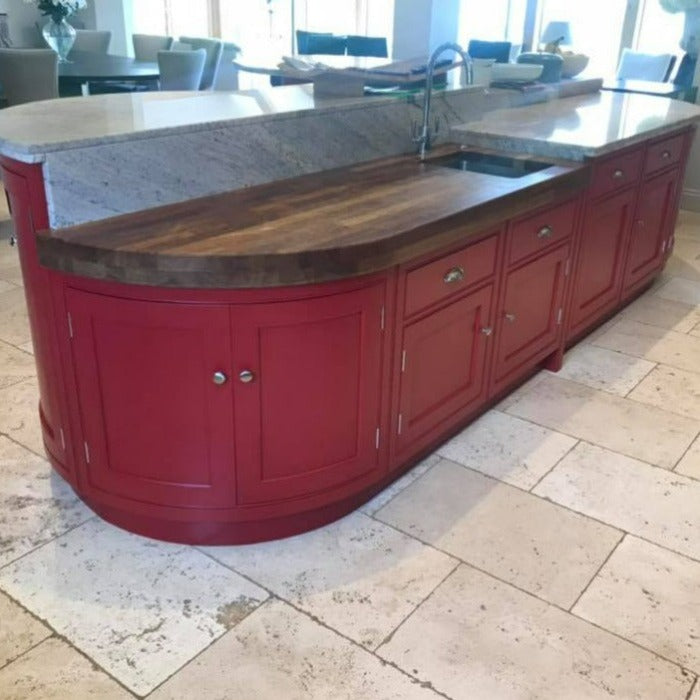 Little Greene Baked Cherry No. 14 is a deep red paint colour. Red kitchen island paint colour. Buy Little Greene paint online.