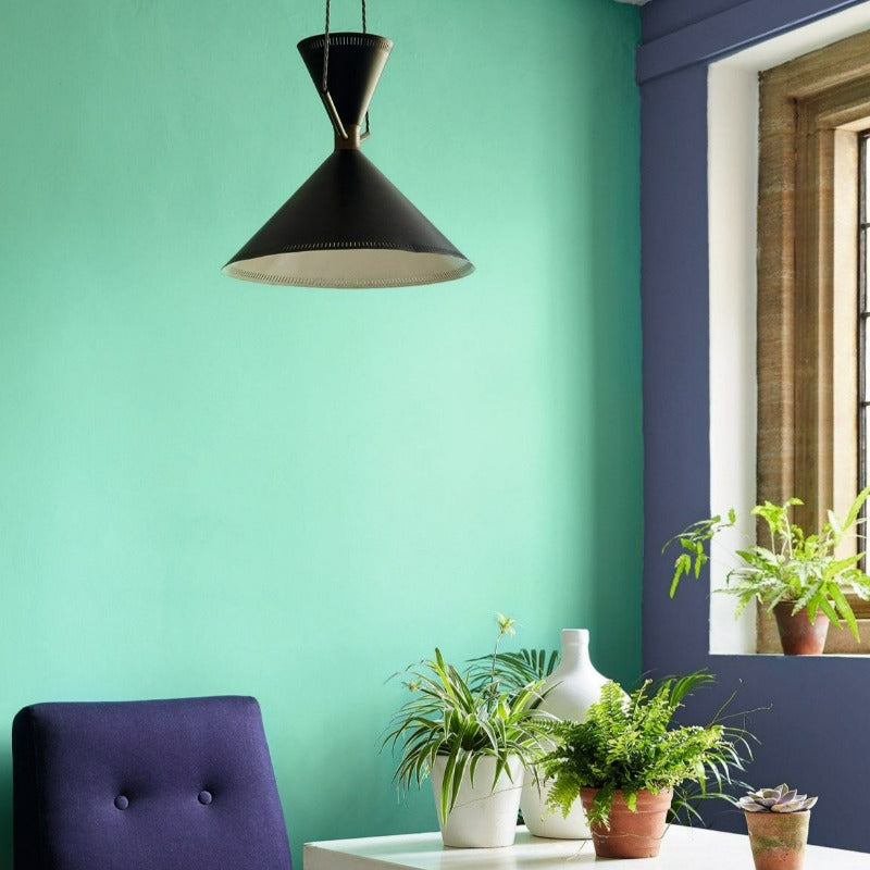 Little Greene Pale Lupin No. 278 with Green Verditer. Blue dining room paint colour. Buy Little Greene paint online.