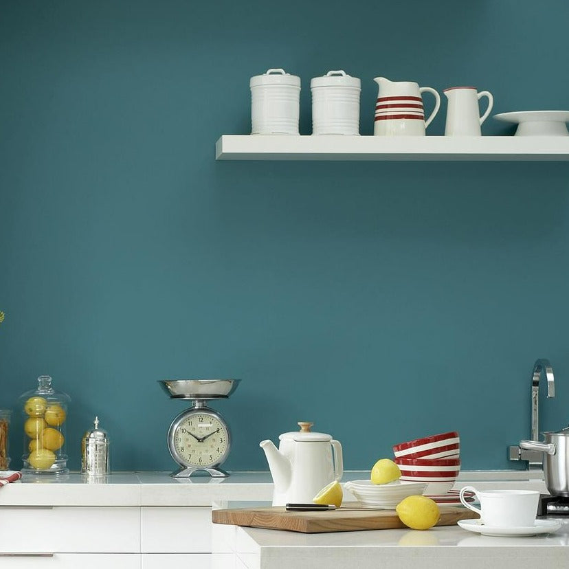Little Greene Canton No. 94 is a teal paint colour with an exotic depth of colour. Teal kitchen paint colour. Buy Little Greene Canton paint online.