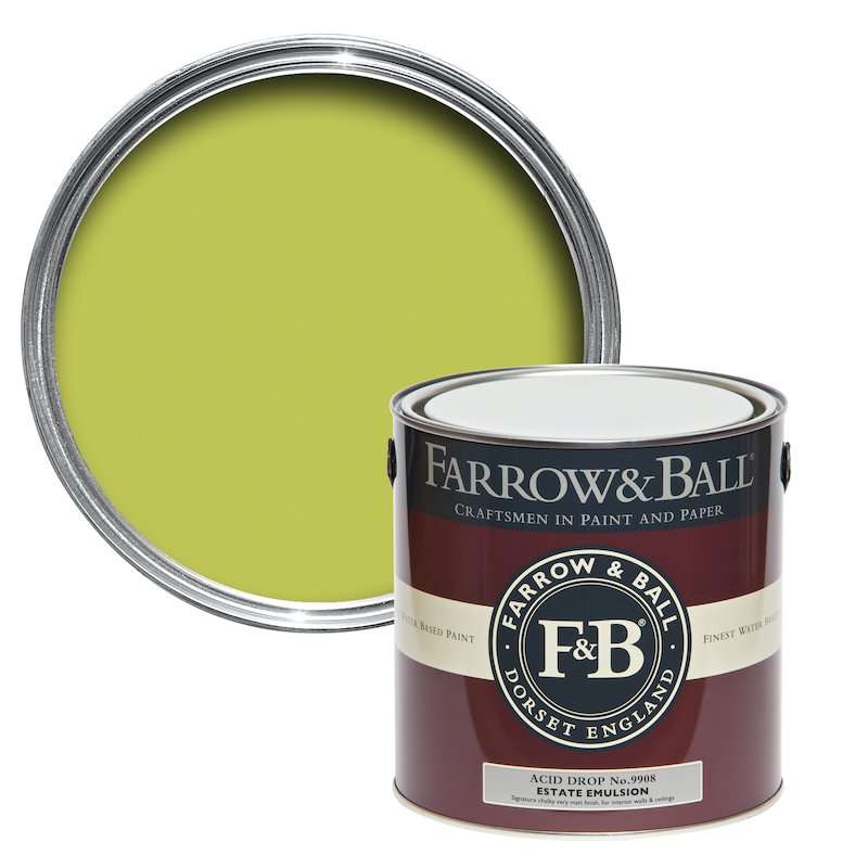 2.5 Litre Acid Drop No. 9908 Estate Emulsion Farrow & Ball green paint colour. Buy Acid Drop Farrow & Ball paint online. 
