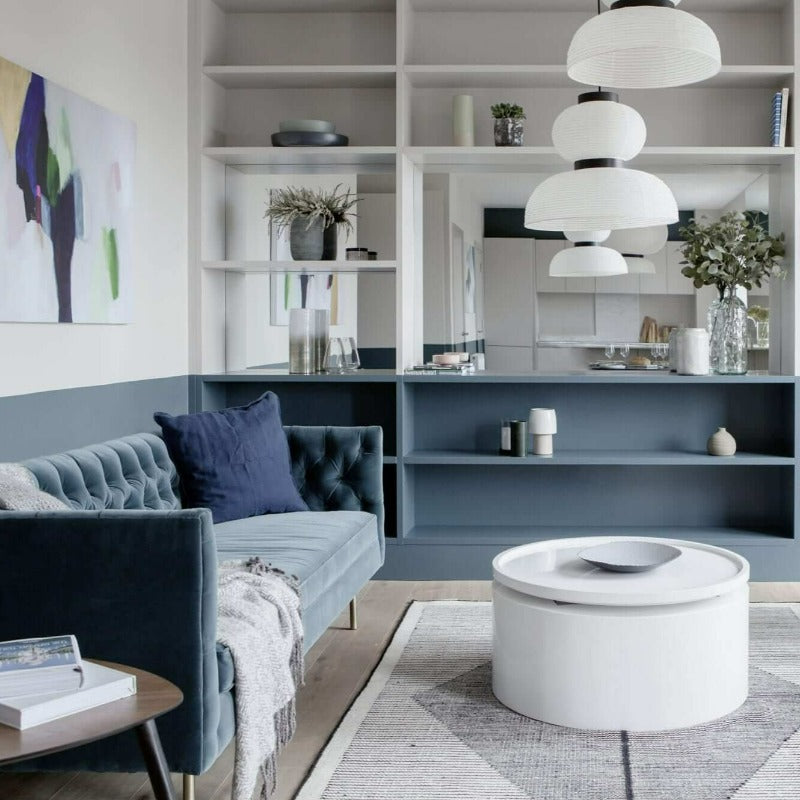 Dusty Blue from Fleetwood Paints boasts a cool blue and greyish undertone.  Dusty blue living room paint colour. Buy Fleetwood Paints online. 