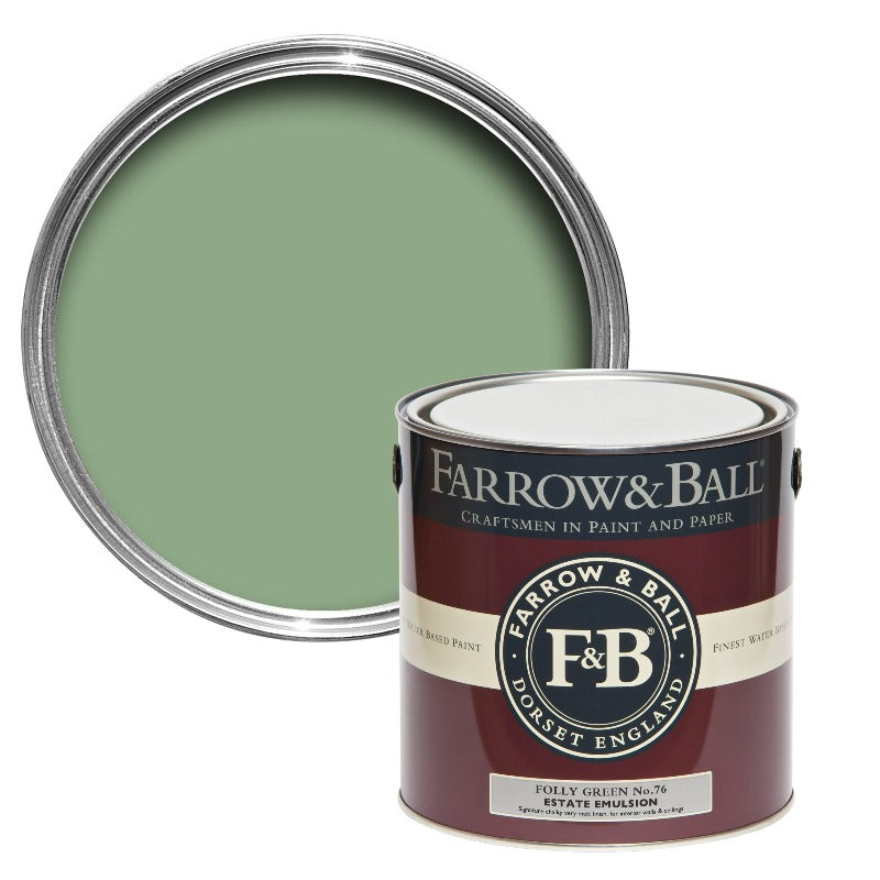 Folly Green No. 76 from Farrow & Ball is a strong but soothing green paint colour. Order Folly Green No. 76 from Farrow & Ball 2.5L Estate Emulsion paint online.