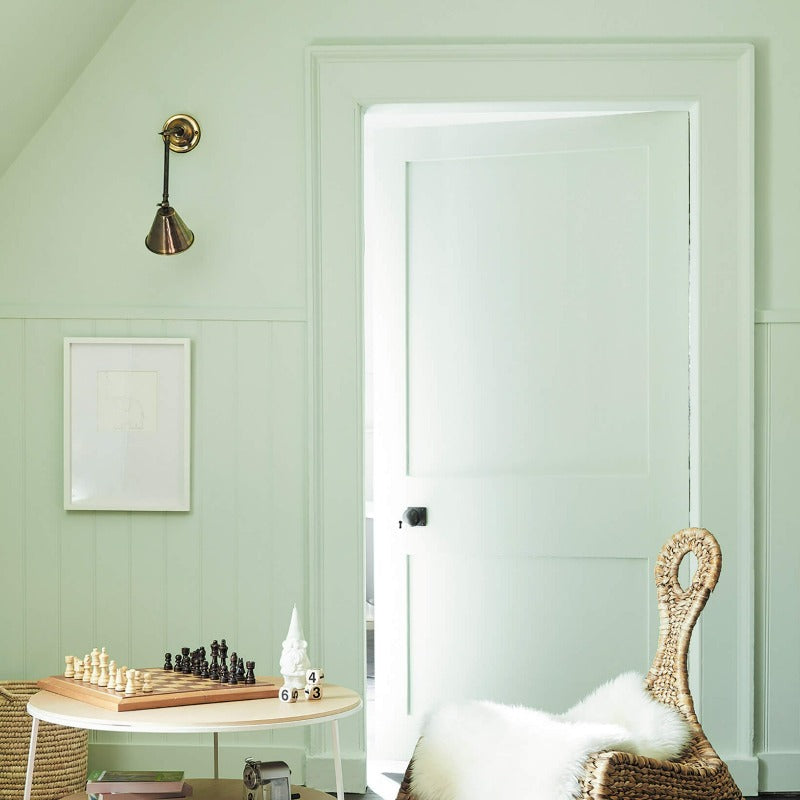 Little Greene Hidey Hole No. 307 is a fresh, pale green paint colour. Hidey Hole 307 living room paint colour. Buy Little Greene paint online in Ireland.