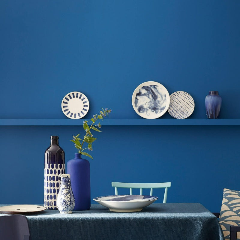 Little Greene Mazarine No. 256 is a truly neutral blue paint colour. Blue dining room paint colour. Buy Little Greene paint online.