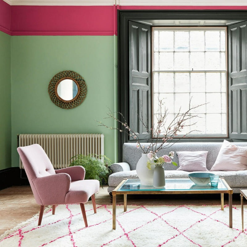 Little Greene Pea Green No. 91 is fresh and playful green paint colour with a restful tone.  Buy Little Greene Pea Green 91 living room paint online.