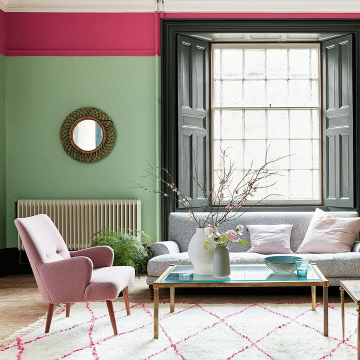 Little Greene Leather No. 191 is a hot pink paint colour. Pink living room paint colour. Buy Little Greene paint online.