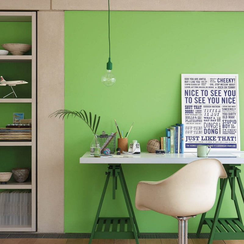 Little Greene Phthalo Green No. 199 is a vibrant electric green paint colour. Buy Little Greene Phthalo Green paint online. Green home office paint colour. 