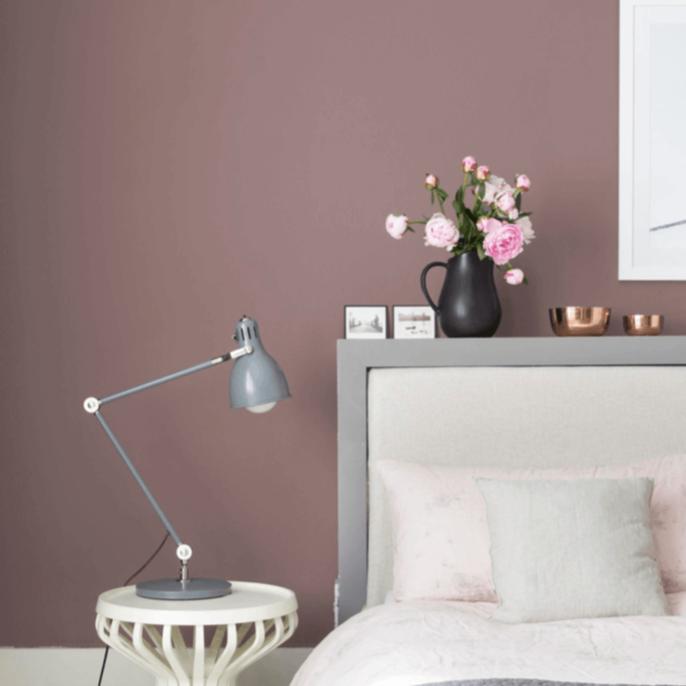 Fleetwood Paint's dusty muted rose Bergen Sunset is a beautiful pink paint colour. Dusty pink bedroom paint colour. Buy Fleetwood paint online.