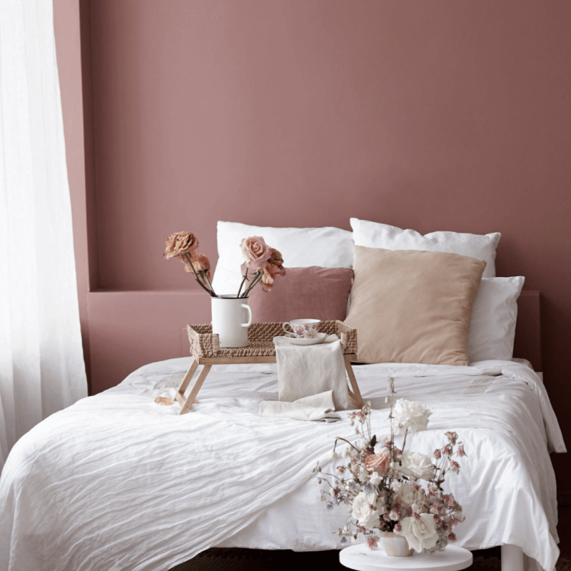 Designer Blush has a muddy mauve pink paint colour. Dusty pink bedroom paint colour. Buy Fleetwood paint online.
