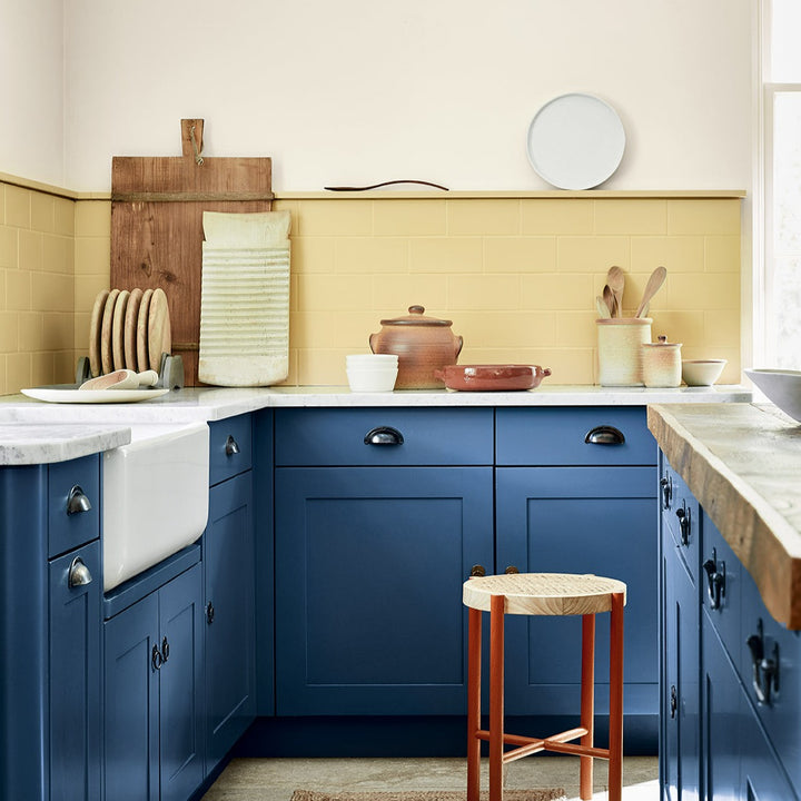 Little Greene Sunlight No. 135 painted kitchen. Sunlight 135 yellow painted tiles. Buy Little Greene Sunlight 135 paint online.