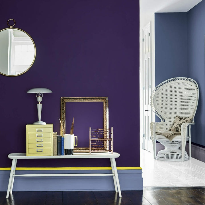 Little Greene Thai Sapphire No. 116 is a very dark blue paint colour with deep purple tones. Hallway paint colour. Buy Little Greene paint online.