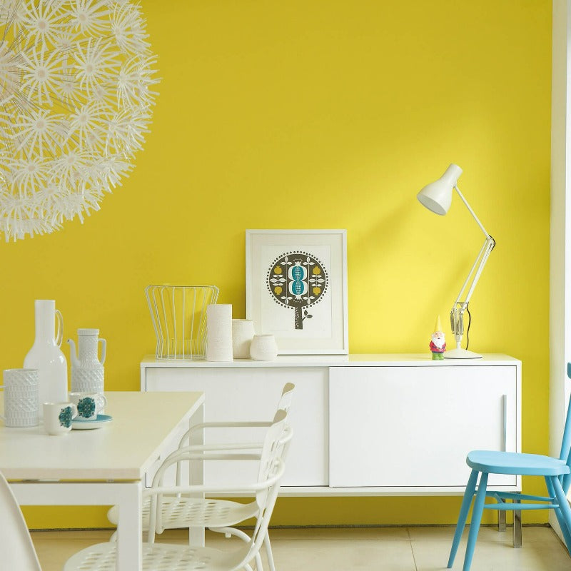 Little Greene Trumpet No. 196 is a bright yellow paint colour. Yellow dining room paint colour. Buy Little Greene Trumpet paint online.
