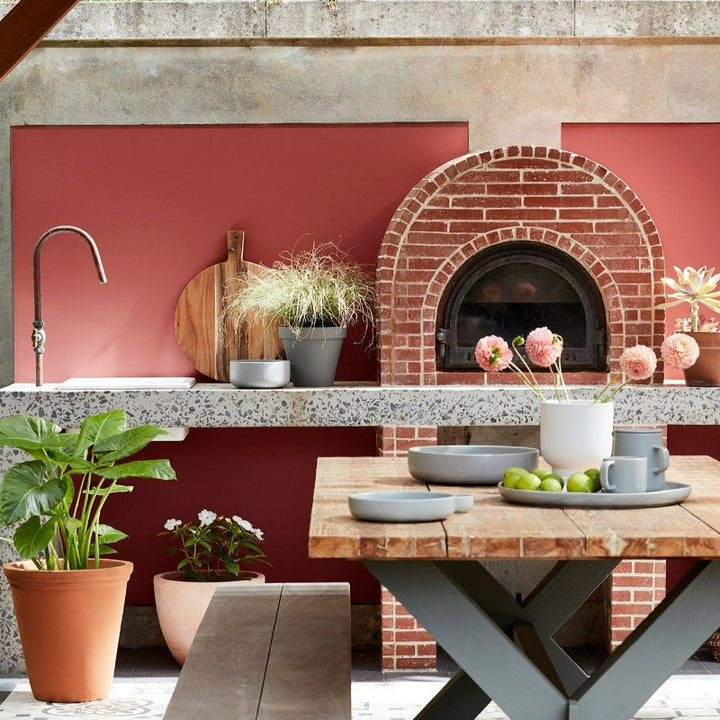 Little Greene Tuscan Red No. 140 is a deep red paint colour. Tuscan Red outdoor masonry paint. Buy Little Greene intelligent masonry paint online.