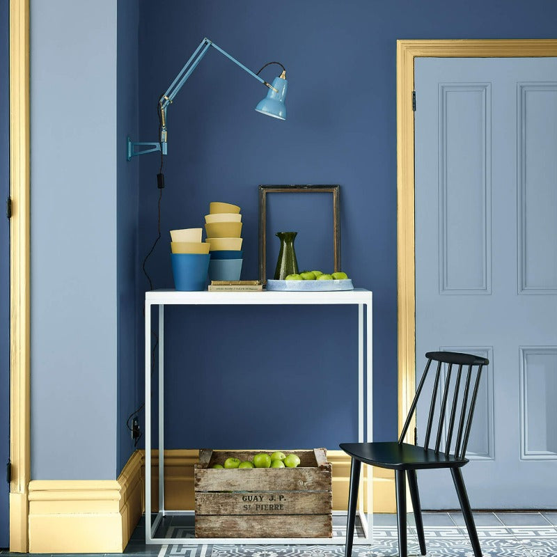 Little Greene Woad No. 251 is a charming muted indigo blue paint colour. Navy blue hallway paint colour. Buy Little Greene paint online.