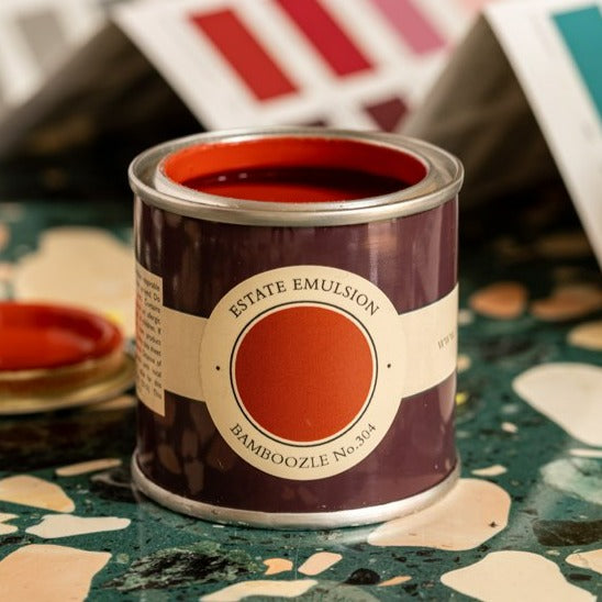 Bamboozle No. 304 from Farrow & Ball is a beautiful red paint colour. Bamboozle 100ml sample pot tester. Buy Farrow & Ball paint online.