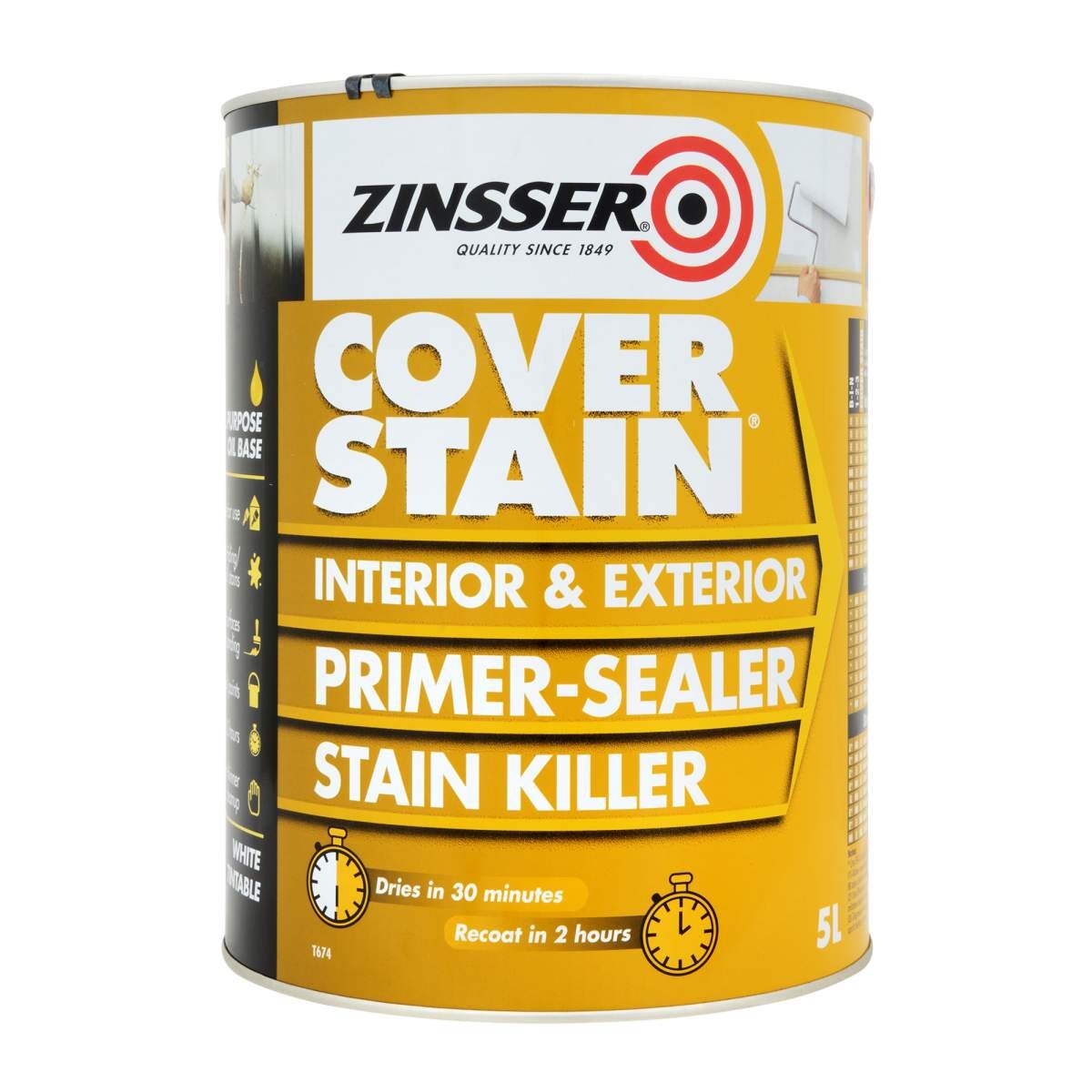 5 Litre Zinsser Cover Stain - Primer, Sealer & Stain Killer. All purpose primer, sealer and stain blocker.