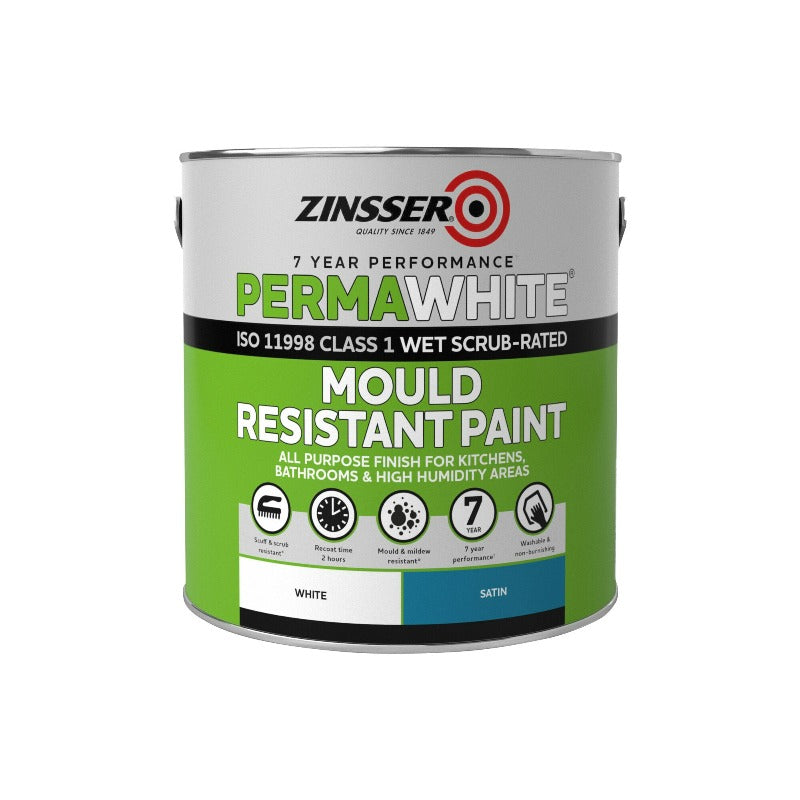 2.5L Zinsser Perma-White Mould Resistant Paint with a white satin finish.  Mould resistant paint for kitchens, bathrooms etc. Suitable for walls and ceilings. Buy Zinsser paint online.