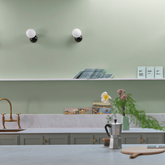 Whirlybird No. 309 from Farrow & Ball is a pale green paint colour. Green kitchen paint colour. Buy Farrow & Ball Whirybird paint online.