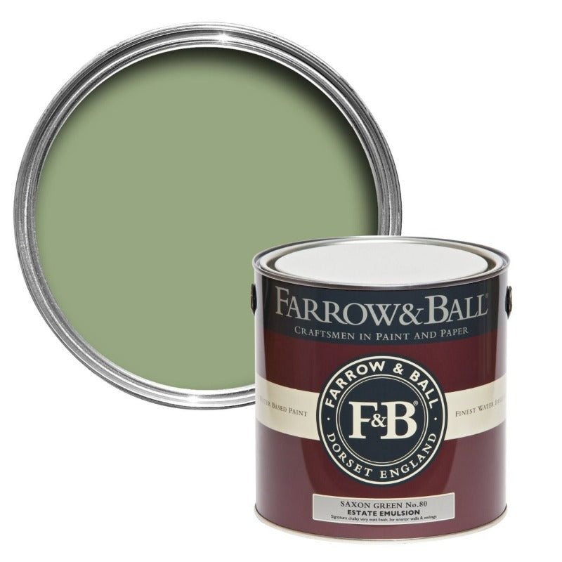2.5L Estate Emulsion Saxon Green Farrow & Ball paint colour. Buy Farrow & Ball paint online. 