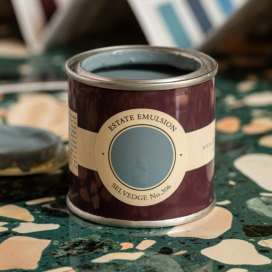 Selvedge No. 306 from Farrow & Ball is a new blue paint colour. 100ml sample pot Selvedge tester.