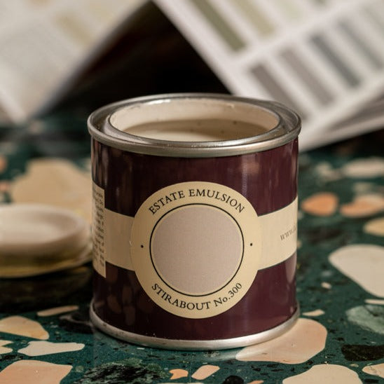 Stirabout No. 300 from Farrow & Ball is a warm neutral off white paint colour. Buy Farrow & Ball Stirabout 100ml sample pot tester paint online.
