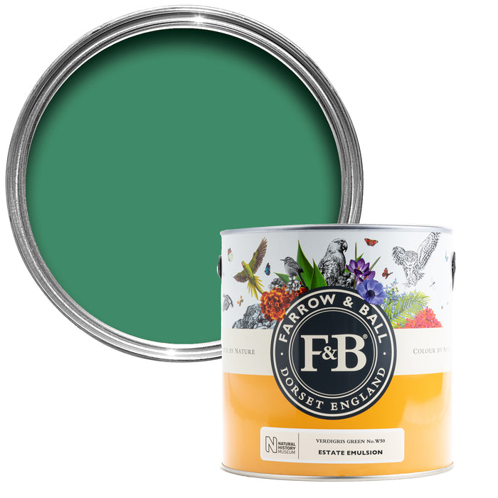 Verdigris Green 2.5 Litre Estate Emulsion Farrow & Ball Green Paint Colour from Paint Online