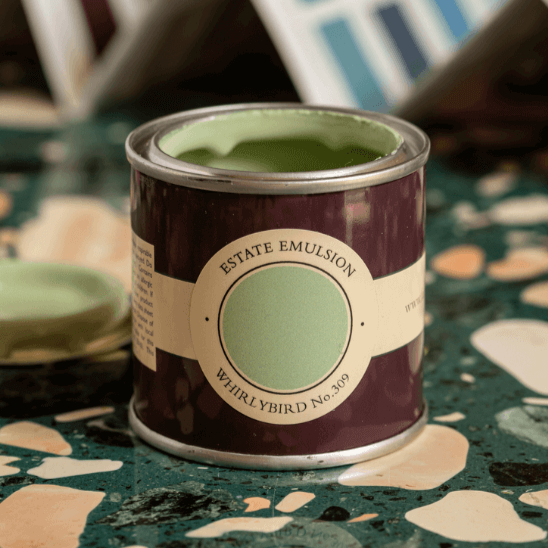 Whirlybird No. 309 from Farrow & Ball is a pale green paint colour. Buy Farrow & Ball Whirybird 100ml sample pot testerpaint online.