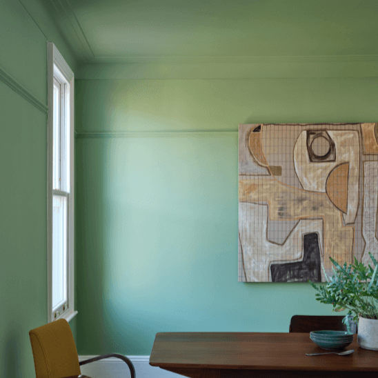 Whirlybird No. 309 from Farrow & Ball is a pale green paint colour. Green dining room paint colour. Buy Farrow & Ball Whirybird paint online.