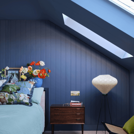 Wine Dark No. 308 from Farrow & Ball is a rich dark blue paint colour. Dark blue bedroom panelling paint colour. Buy Farrow & Ball Wine Dark paint online. 