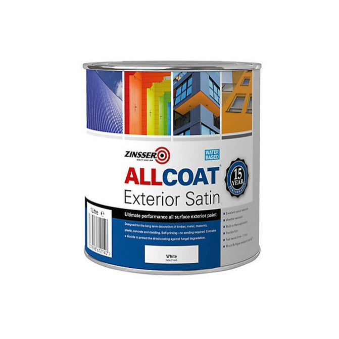 1L Zinsser AllCoat Exterior Satin White. Exterior White paint for cladding, metal, timber and more. 